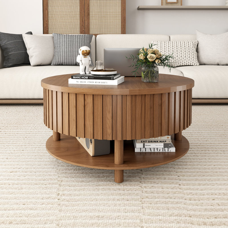Round Lift Top Coffee Table With Hidden Storage, 2-tier Fluted Cocktail Table With Open Shelf, Walnut