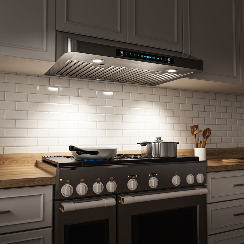 Hotte sous un meuble à conduit 30 pouces et 900 pi³ / min en acier inoxydable avec commande à 4 vitesses silencieuse et commande par panneau tactile avec lumières DEL