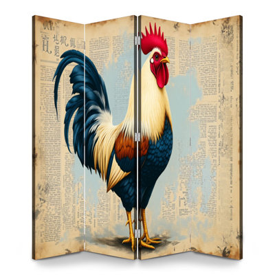 Paravent rustique à 4 panneaux pliables, motif plumes de coq colorées, style vintage, en toile de journal, séparateur de pièce autoportant, cloison de protection pour plus d'intimité