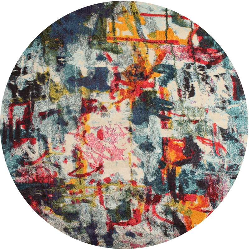 Tapis bleu/rose contemporain, Rond 8 pi