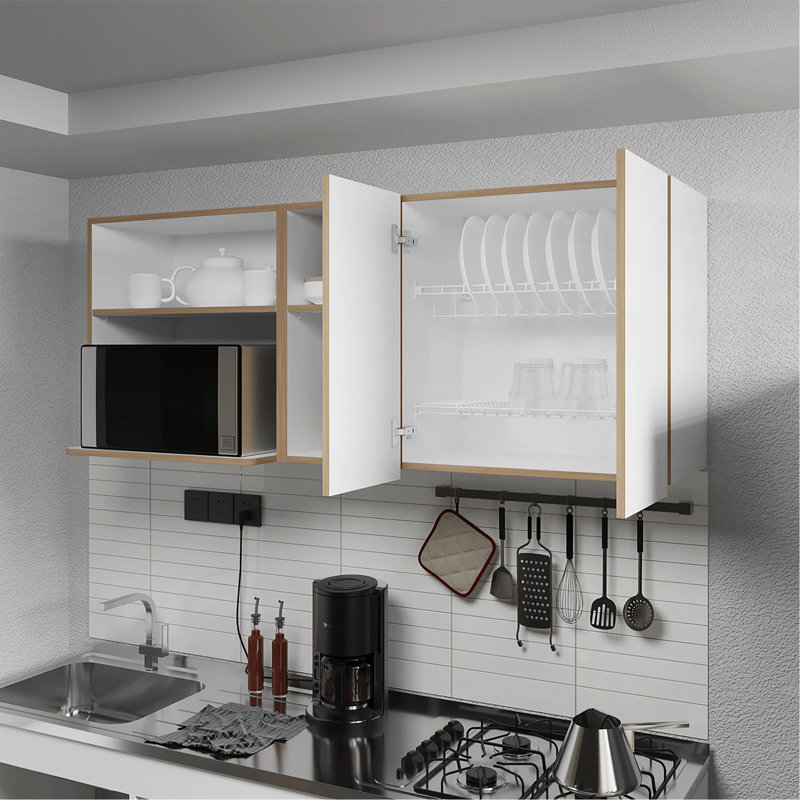 Natural Oak And White Kitchen Cabinet With Microwave Space And Open Shelf