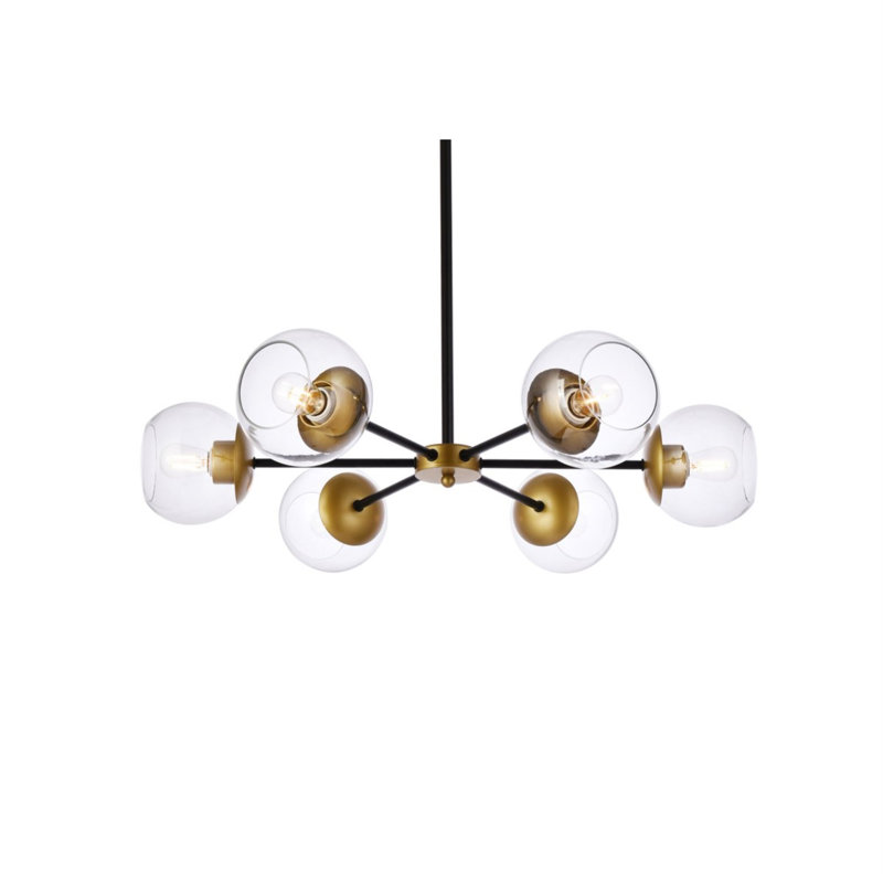 Caisha 6 - Light Dimmable Sputnik Modern Linear Chandelier, Black/Brass/Clear, 6" H x 30" W x 30" D