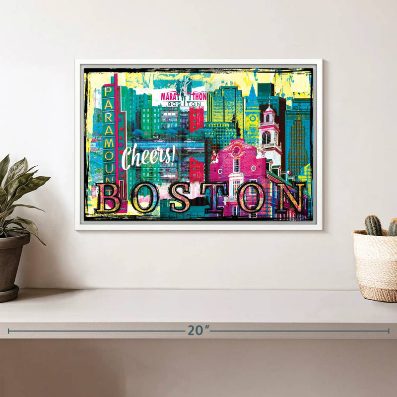 Repères grunge de Boston City, 13 po x 9 po, Cadre flottant blanc