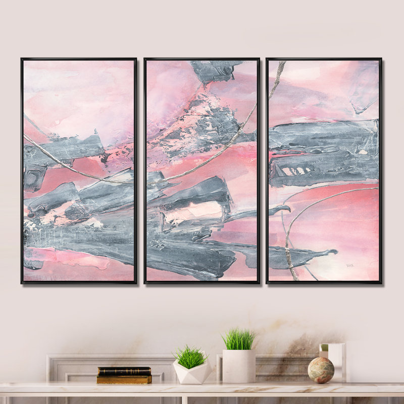 Ensemble de 3 peintures murales Durty Shabby Pink Blush III - Shabby Elegance, Noir, H 28 po x l 36 po x P 1 po