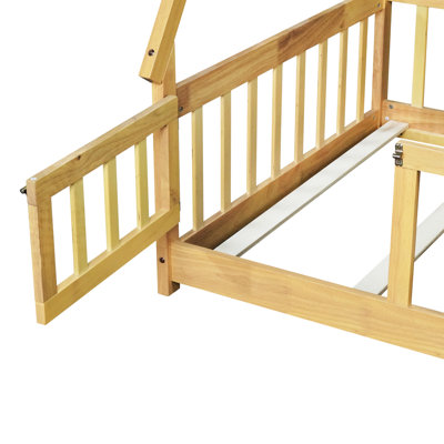 Twin Size Tent - Shaped Bed With Door And Slats, Natural Color Scheme, Rubber Wood Foundation, Easy Assembly, Enhances Bedroom Ambiance Low To Ground Floor Guardrail Door, Appearance, Plywood Wood,
