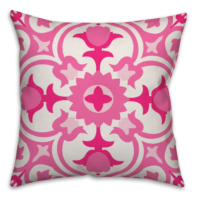  Coussin d'extérieur carré espagnol, Polyester / Bourre en polyester, 20 po x 20 po, Rose foncé / rose clair / blanc cassé