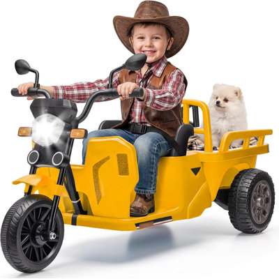 12V Kids 3-Wheel Electric Ride On Tractor Motorcycle with Detachable Trailer, Dual 55W Motors, Bluetooth, Headlight & Sand Shovel, Yellow
