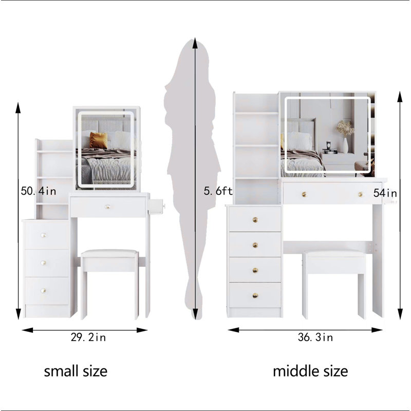 Petite coiffeuse 29,2 po avec tabouret de chevet gauche + tabouret rembourré, 2 blocs d'alimentation CA + 2 ports USB, support pour sèche-cheveux, très grand miroir à DEL coulissant à contrôle tactile, changement de couleur tricolore, réglage de la luminosité