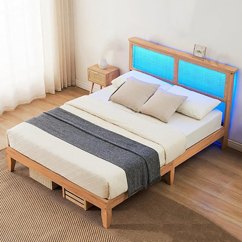 Base de lit plateforme avec tête de lit en rotin naturel, Double