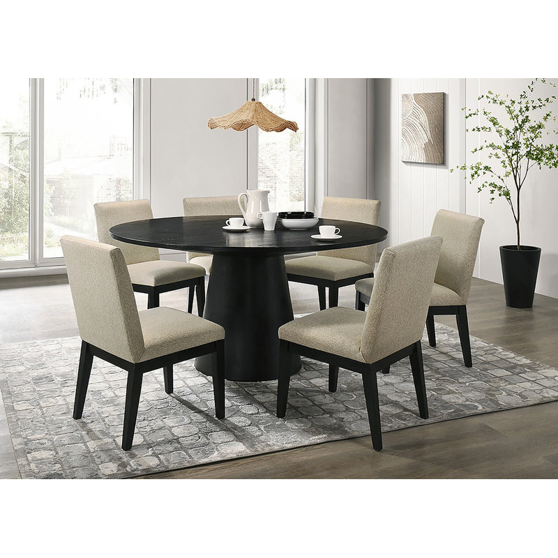 Ensemble de salle à manger 7 pièces rond avec base à piédestal et chaises en tissu beige pour des réceptions élégantes et intelligentes.