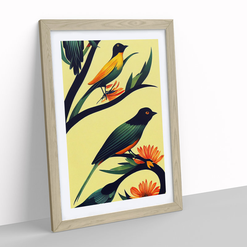 Birds On The Branch - Wall Art, 48cm H x 36cm W, Oak Framed, White