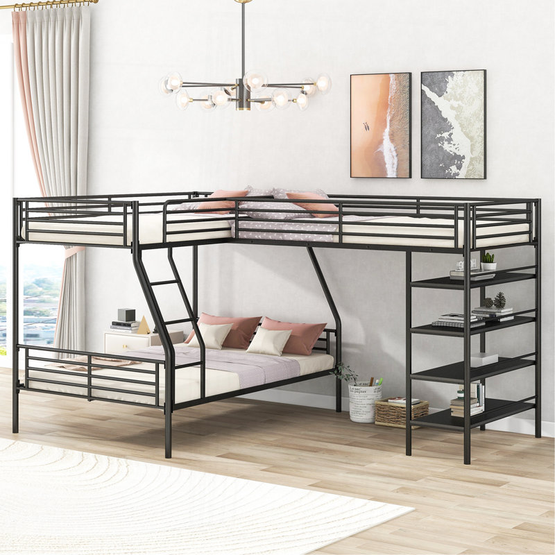 Lit superposé simple en L en forme de L et lit mezzanine simple avec quatre tablettes intégrées