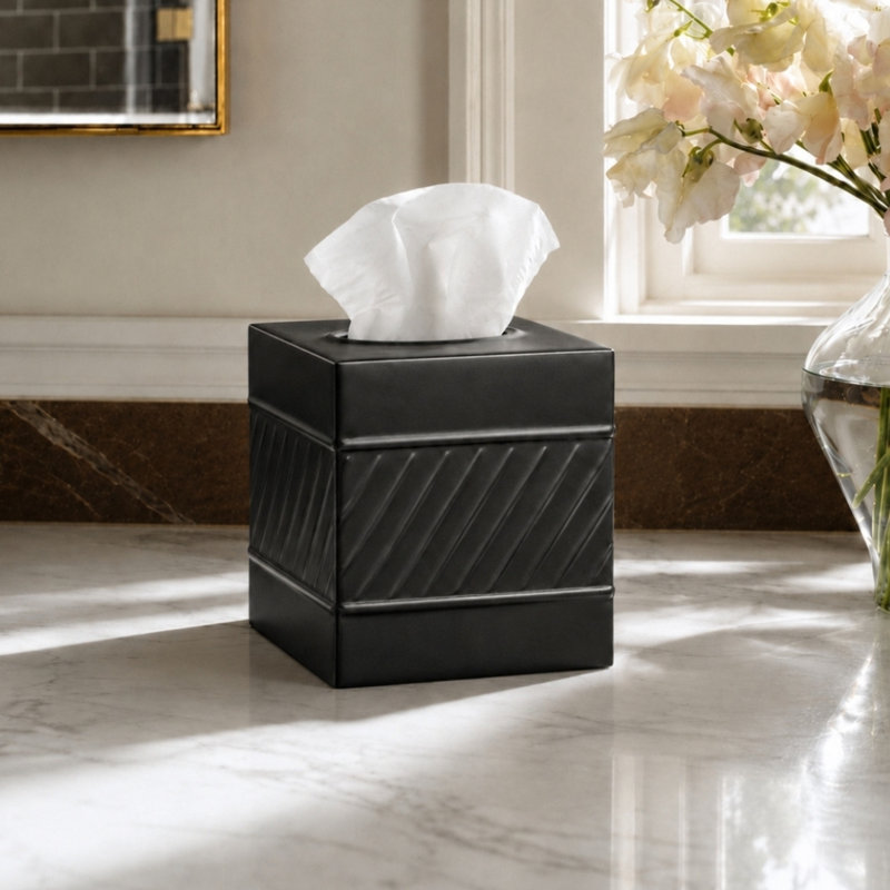 Wave Embossed Metal Tissue Box Cover, Black