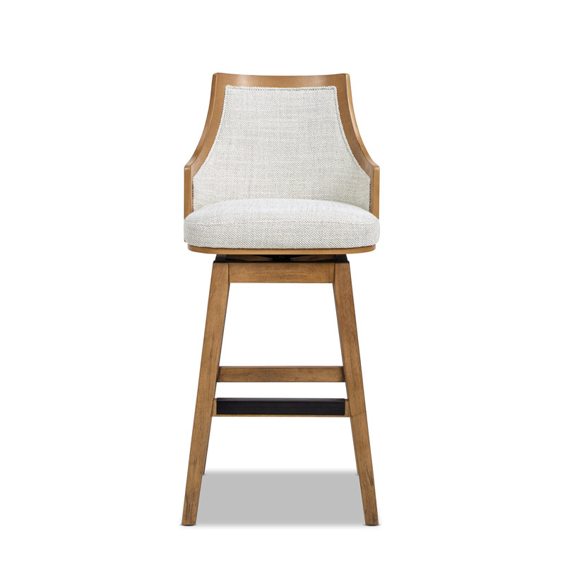 Tabouret de bar rotatif à dossier haut 30 po avec accoudoirs encastrés en rotin de canne 30 po, mélange de laine de polyester gris neutre
