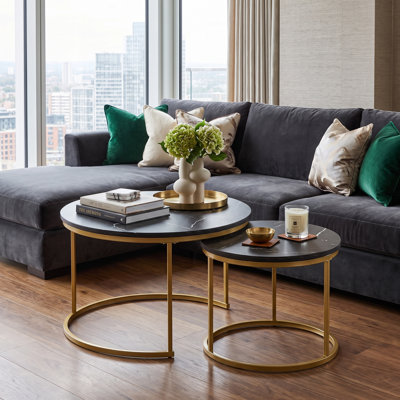Round Nesting Coffee Table Set of 2 MDF Tabletop with Sturdy Metal Frame Multi-Purpose End Side Tables for Living Room, Bedroom, Balcony & Yard