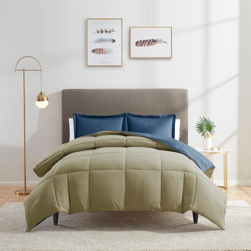 All Season Down Alternative Reversible Comforter Set, King Comforter + 2 King Shams, Navy/Sage Green