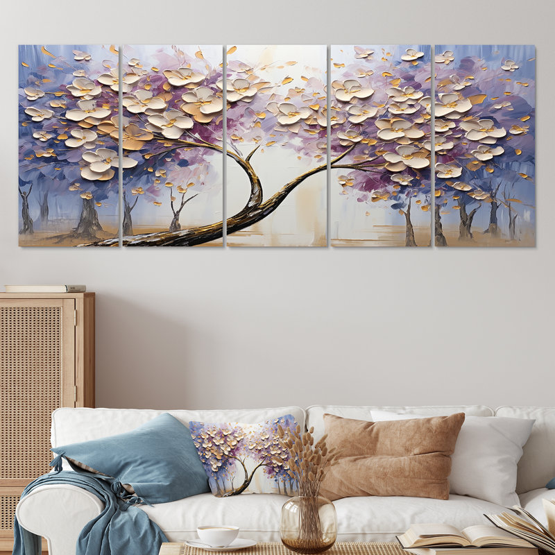 «Tree Blossoming With White Flowers I», ensemble de 5 décorations murales florales, H 32 po x l 80 po