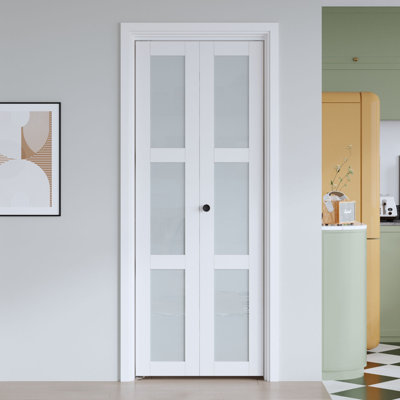 Frosted Glass And Solid Manufactured Wood Bi-Fold Door With Installation Hardware Kit