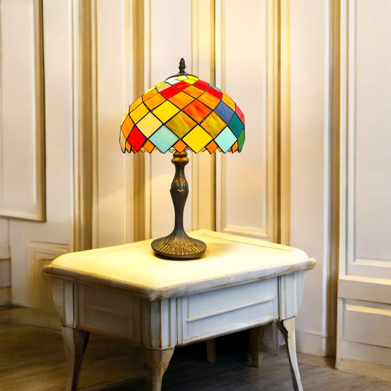 Tiffany Style Table Lamp, 49cm Height, Stained Glass Shade, Antique Bronze Base