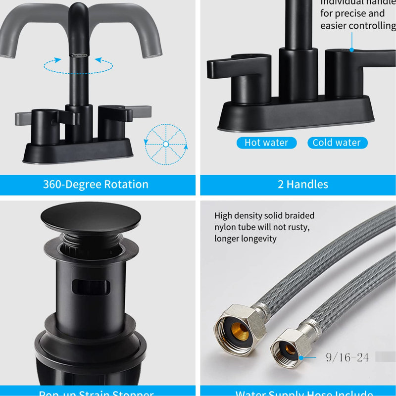 Matte Black Bathroom Faucet 2 Handle, 4 Inch , 3 Hole With Pop Up Drain And Water Supply, 360 Turning Outlet Swiveling