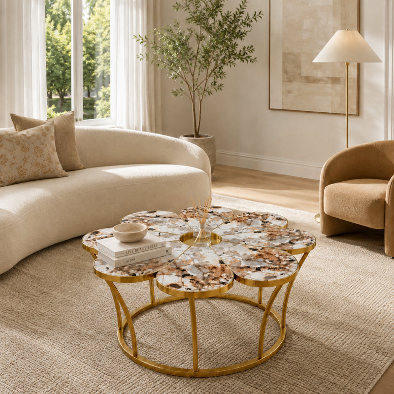 39" Modern Glam Flower Shaped Coffee Table, Sintered Stone Top with Gold Stainless Steel Base