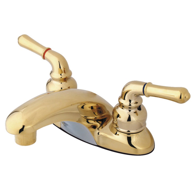Kingston Brass Magellan Two-Handle 3-Hole Deck Mount 4" Centerset Bathroom Faucet, Without Pop-up Drain, Polished Brass