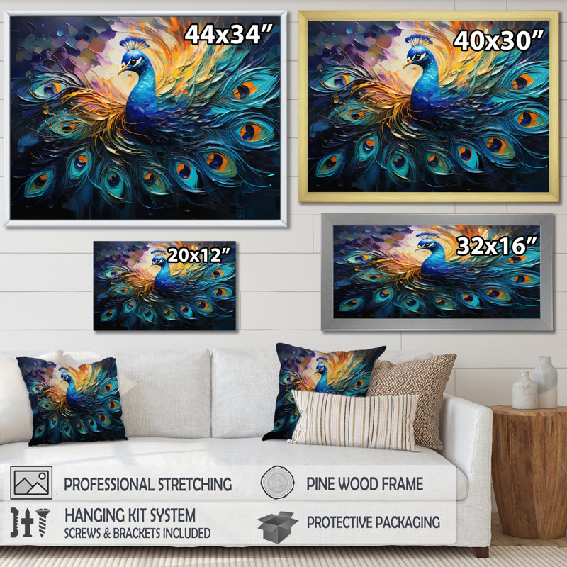 Plume de paon II - Art mural paon, H 30 po x l 40 po x P 1,5 po, Cadre flottant brun