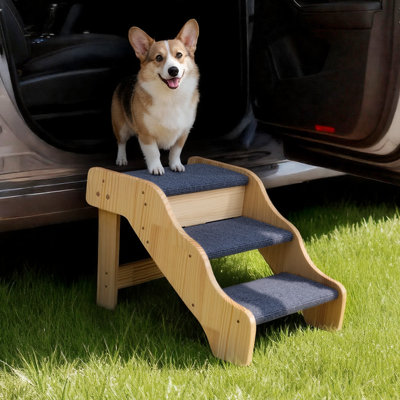 Wood Pet Stairs, 3-Step Dog Stairs for High Beds, Sofa & Cars, 150lbs Load Capacity, Non-Slip Surface, Stable Cat & Dog Step Ladder for Small Medium Large Older Pet Puppy Essentials