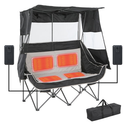 Heated Double Camping Loveseat with Canopy, Portable Folding Outdoor Chair with Cooler, Cup Holders & Side Pockets for Beach & Lawn by Rosecliff Heights