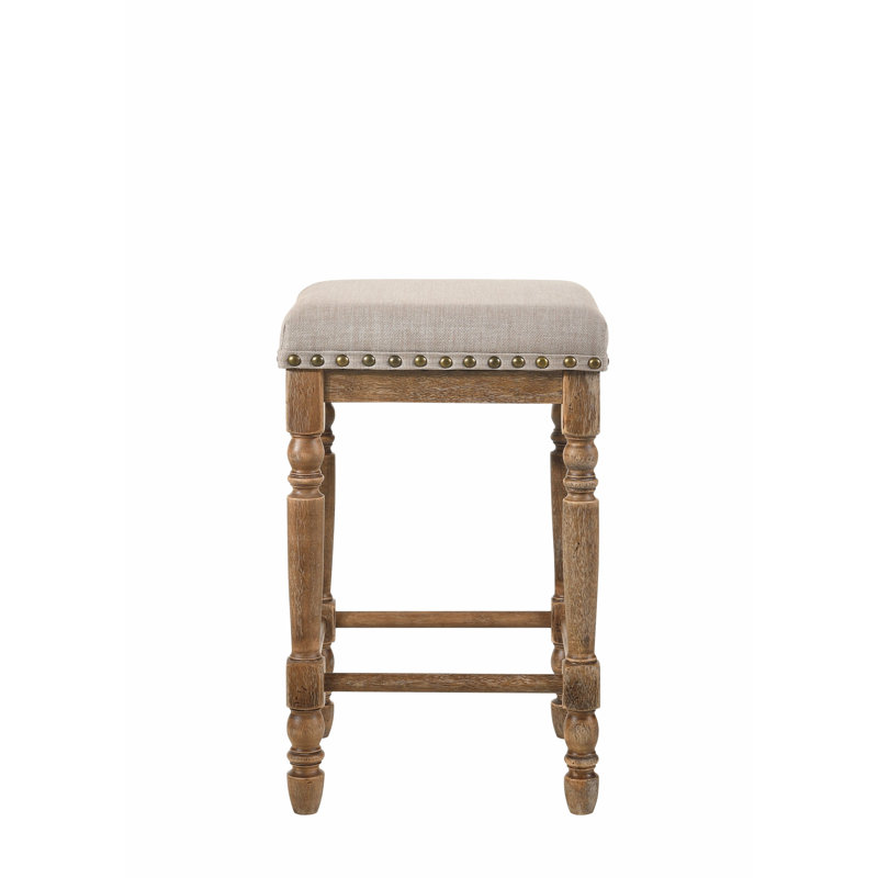 Stylish and Comfortable Counter Height Stool with Beige Fabric Upholstery and Weathered Oak Finish