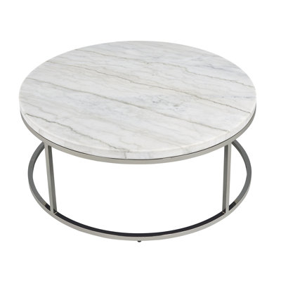 Timeless Round Marble Top Coffee Table With Nickel - Coated Metal Frame, 36x36x16 Inches, 62 Lbs, Adds Sophistication And Stylish Finished Structure, 36 Inches Wide Deep, 16 High, Lbs