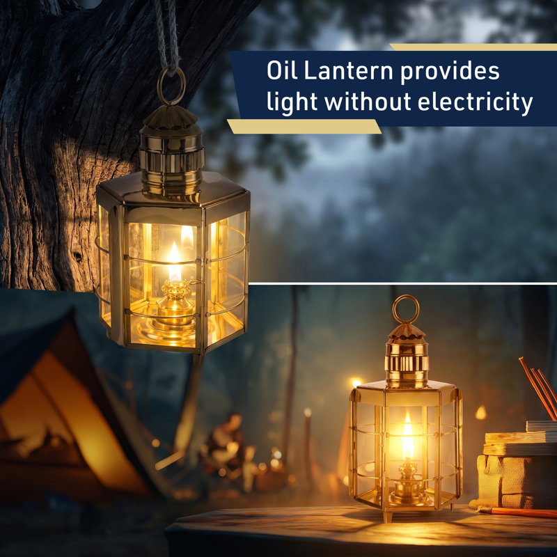 Brass Oil Lamp - 16.75” Decorative Hurricane Lamp with Antique-Style Brass and Glass Body - Large Kerosene Lantern with Built-In Hook - Oil Lanterns for Indoor and Outdoor Use
