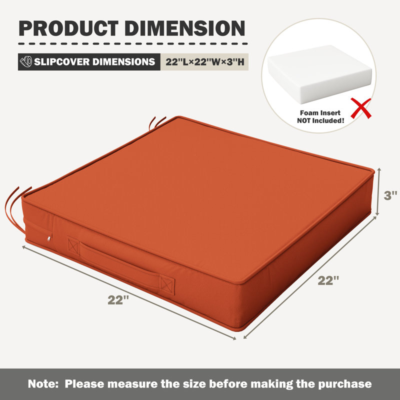 Outdoor 4" Non-Slip Cushion Cover With Portable Carry Handle., 22" W x 22" D, Orange, 4"