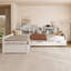 Lit de jour simple en L en forme de L avec lit gigogne sous le lit et tiroir de rangement, cadre de lit d'angle polyvalent avec bibliothèques pour 3, blanc