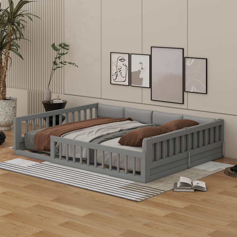 Lit plateforme double tapissier en bois avec garde-corps et coussin, Gris