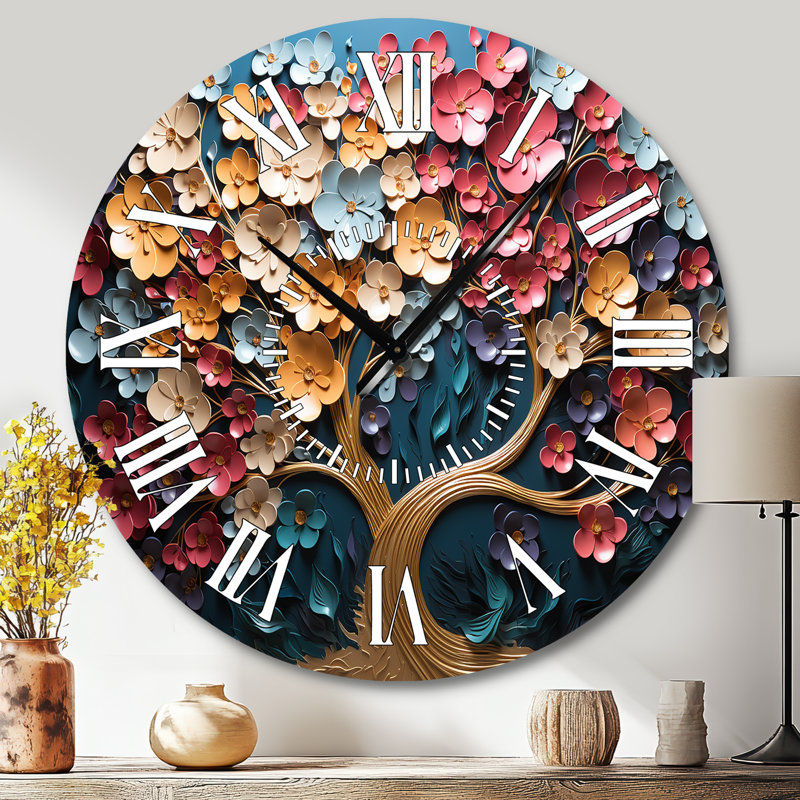 Horloge murale multicolore arbre doré sur fond bleu, Grand