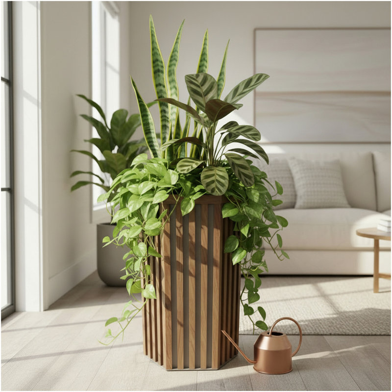 Hexagon Column Planter MD - Medium Brown, Chestnut, 22.25" H x 11.75" W x 13.5" D
