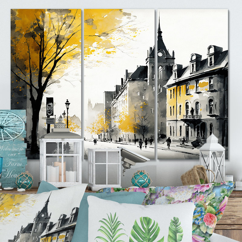 Vieux paysage urbain du Québec I - impression 3 pièces, H 32 po x l 48 po x P 1 po, Toile tendue