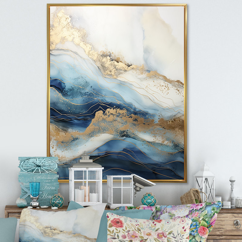 «White and Blue Goldern Abstract River - Northern Lights», art mural sur toile, Cadre flottant doré