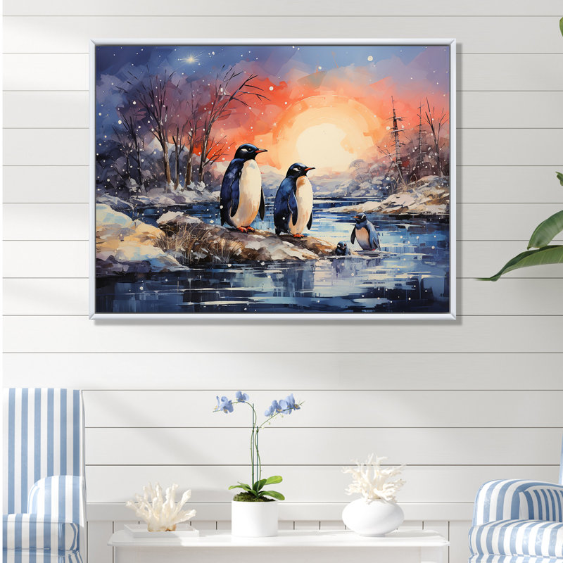 " Penguins Winter Symphony I ", White Floater Frame, 24" H x 32" W x 1" D