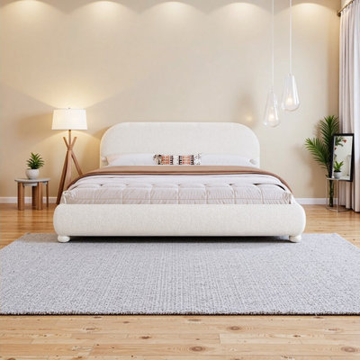 Cream Boucle Fabric Upholstered Queen Bed, Modern Solid Wood Frame Bedroom Double Bed, 800lb Weight Capacity