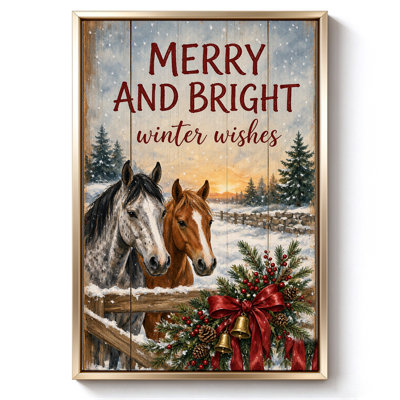 Christmas Horses with Festive Wreath in Snow, Framed Canvas Wall Art, Beige Frame, 24 x 36 Inch