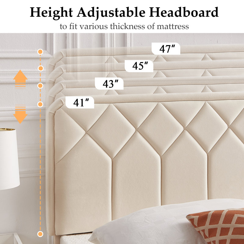 Queen Platform Bed Frame with Velvet Upholstered Headboard and Wooden Slats Support, Mattress Foundation/No Box Spring Needed