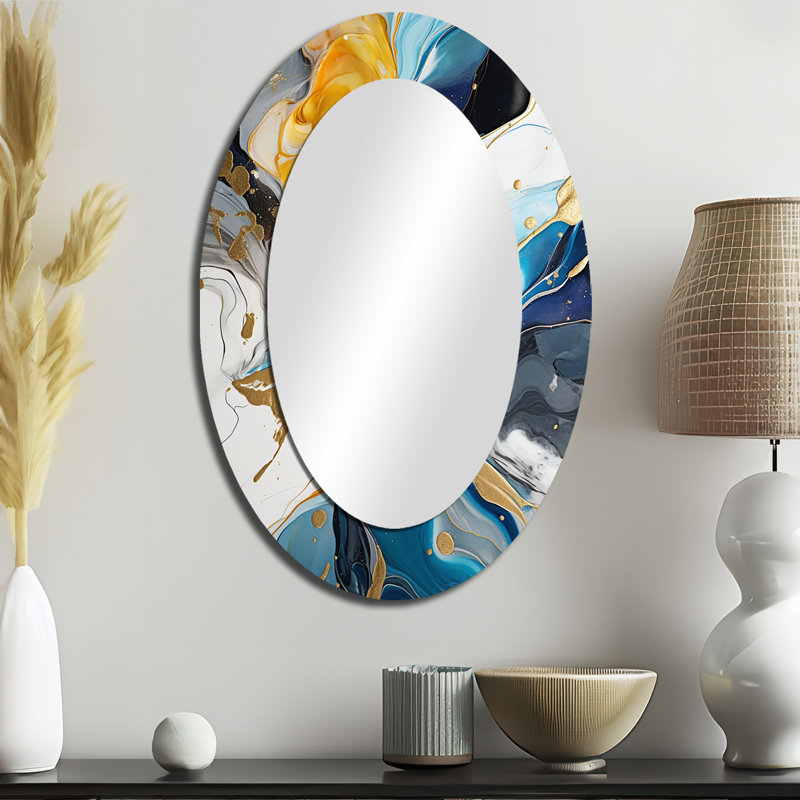 Miroir mural moderne bleu et jaune à encre liquide Harmony II, H 36 po x l 24 po