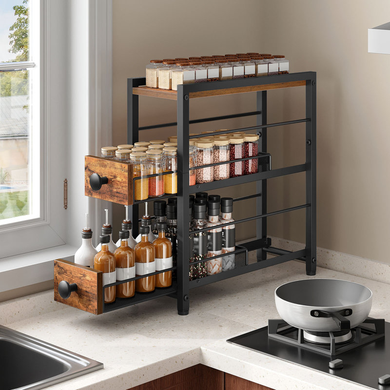 3-Tier Pull Out Spice Rack Organizer for Countertop, Narrow Kitchen Countertop Storage Shelf with 2 Drawers
