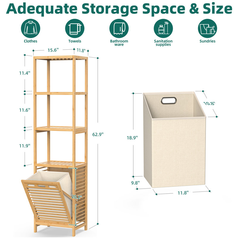 Wrenly Bamboo Tilt-out Laundry Hamper Cabinet, 4 Tier Pull-Out Laundry Hamper with Adjustable Shelf & Removable Basket, Beige