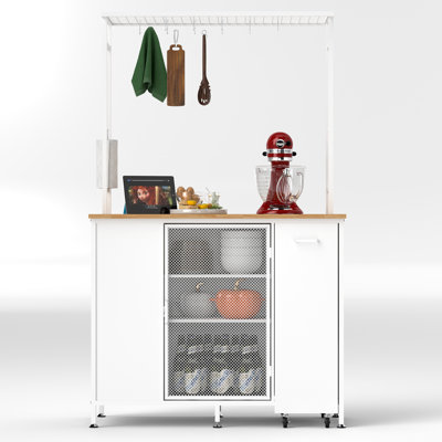 White Kitchen Island With Folding Breakfast Bar, Storage Cabinets, Drawers, And Coffee Bar Hooks | Gift Idea