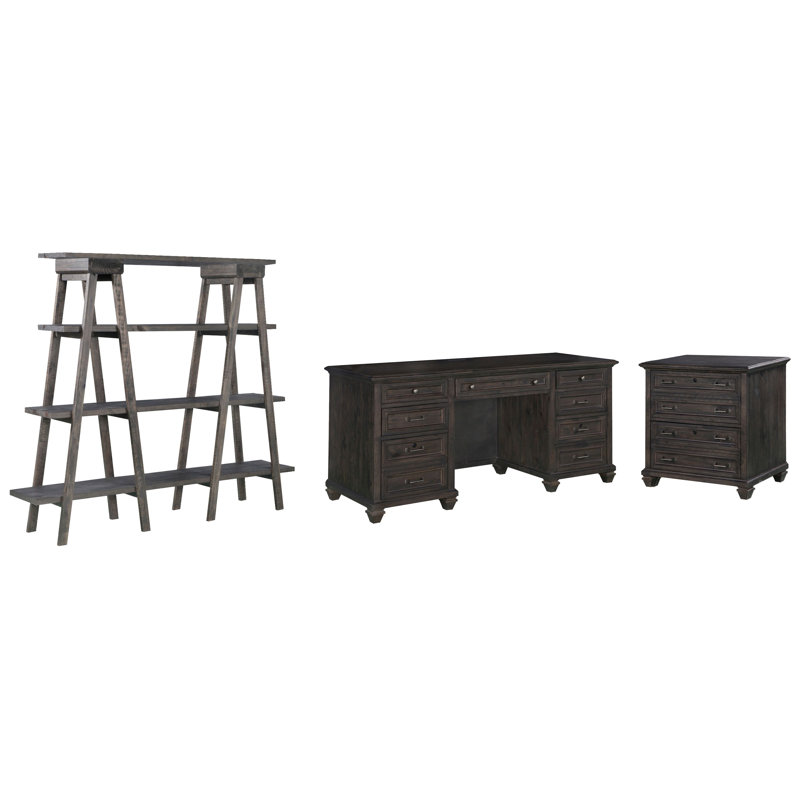 Credenza With Lateral File And Bookshelf, Weathered Charcoal, 3 Pieces: Desk, Filing Cabinet, Bookshelf