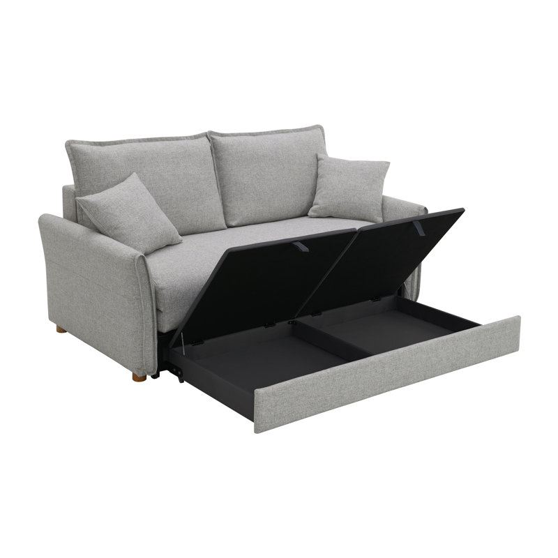 Canapé-lit modulaire en chenille gris avec rangement et 2 coussins décoratifs