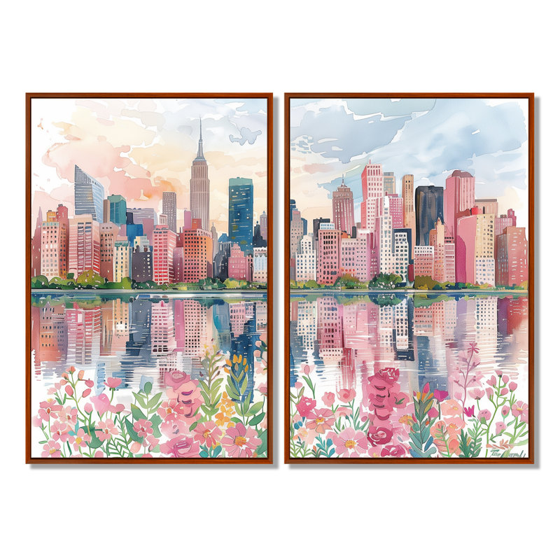 Édifices muraux roses et bleus de New York - Art mural rose 2 pièces, H 36 po x l 48 po, Impression encadrée flottante, Brun